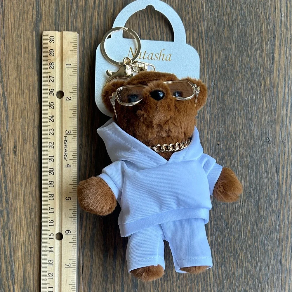 Natasha Brown Bear with Gold Chain and Glasses Bag Charm/Key Chain Viral TikTok - Picture 4 of 4